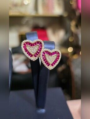 Gold PlatedHeart-Shaped Pink Crystal & Pave Stud Earrings